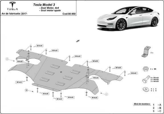 Cubre carter del motor trasero eléctrico Tesla Model 3 AWD